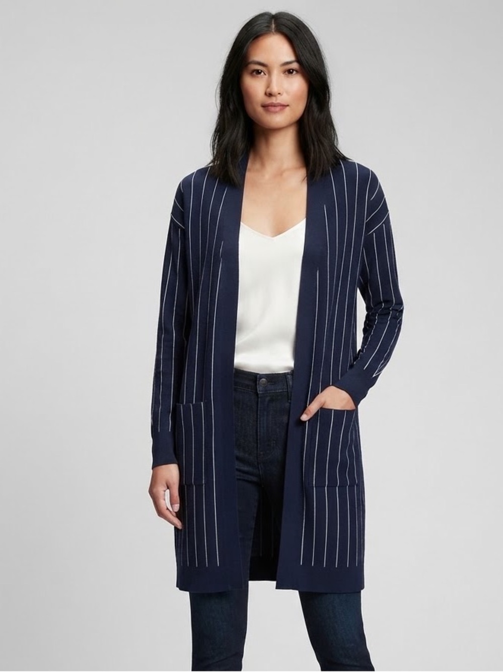 RW&CO Navy Blue Pinstripe Long Open Front Comfy Cardigan Sweater M